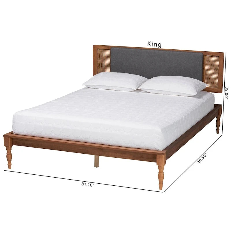 Lit plateforme moderne du milieu du siècle en tissu gris foncé et bois de noyer.