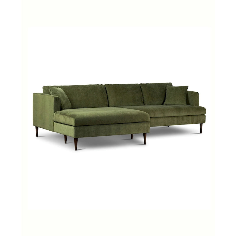 Canapé d'angle avec très longue méridienne en velours vert vieilli