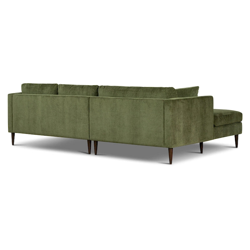 Canapé d'angle avec très longue méridienne en velours vert vieilli