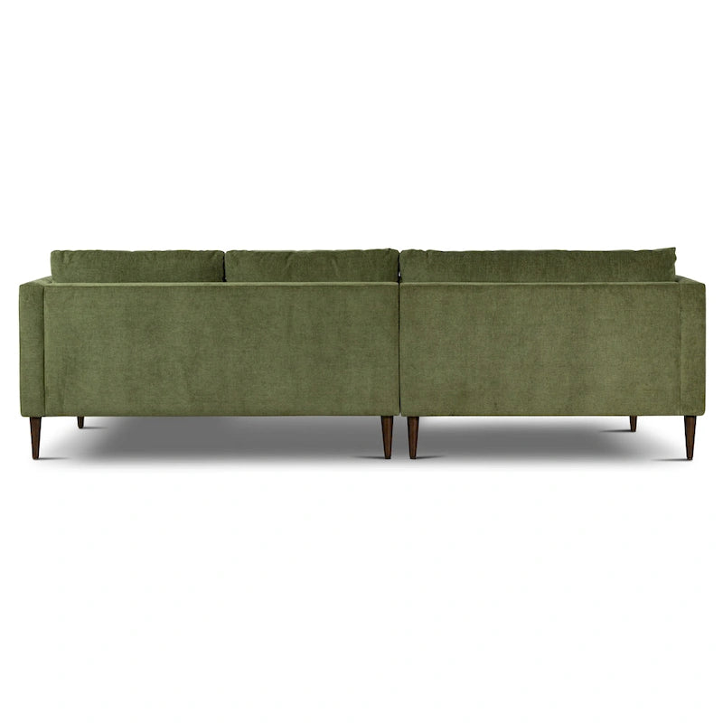 Canapé d'angle avec très longue méridienne en velours vert vieilli