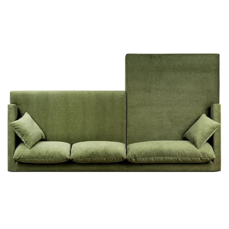 Canapé d'angle avec très longue méridienne en velours vert vieilli