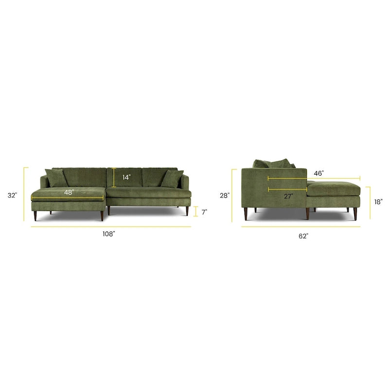 Canapé d'angle avec très longue méridienne en velours vert vieilli