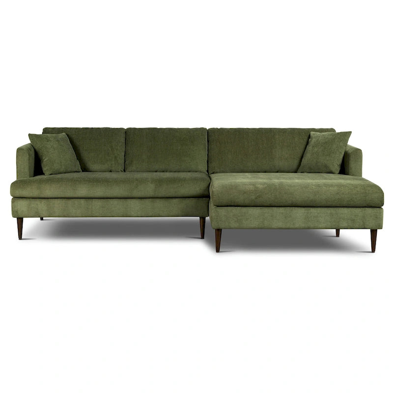 Canapé d'angle avec très longue méridienne en velours vert vieilli