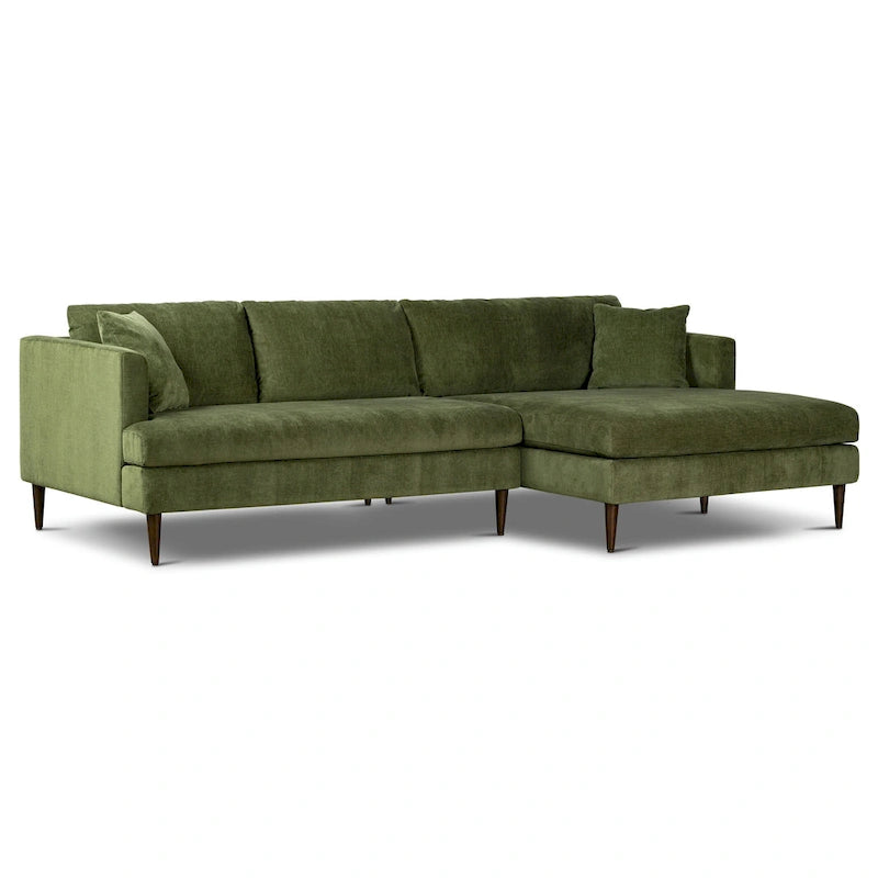Canapé d'angle avec très longue méridienne en velours vert vieilli
