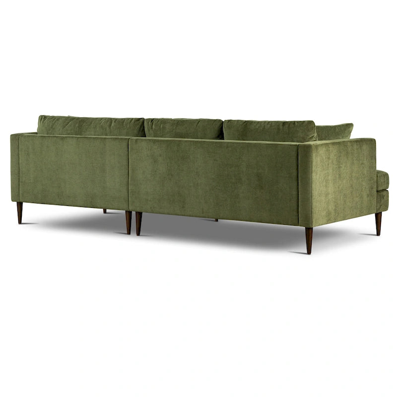 Canapé d'angle avec très longue méridienne en velours vert vieilli