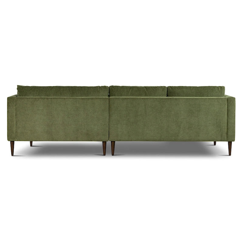 Canapé d'angle avec très longue méridienne en velours vert vieilli