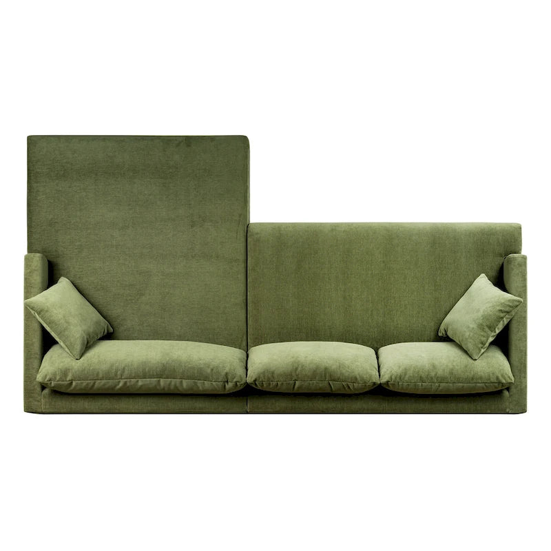 Canapé d'angle avec très longue méridienne en velours vert vieilli