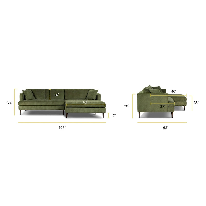 Canapé d'angle avec très longue méridienne en velours vert vieilli