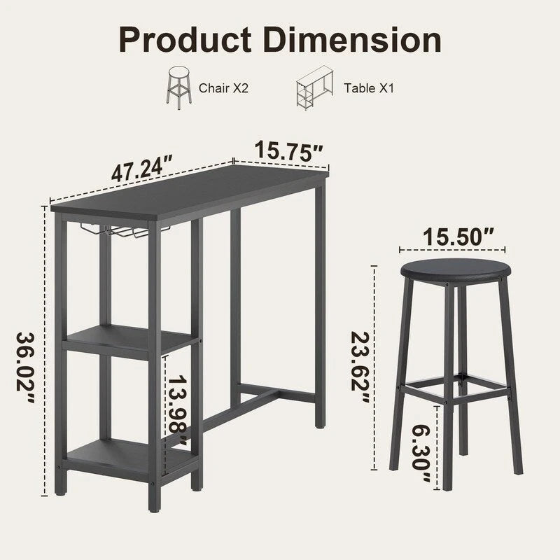 Ensemble table de bar et 2 tabourets pour coin petit-déjeuner, salle à manger, salon, cuisine, salle à manger