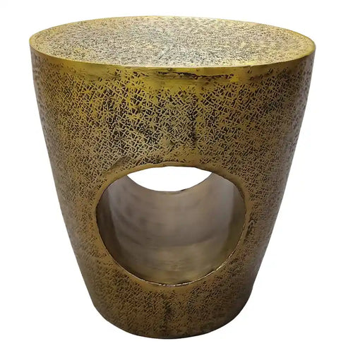 Table d'appoint de 17 pouces, forme de tambour conique avec centre creux unique, aluminium finition laiton antique