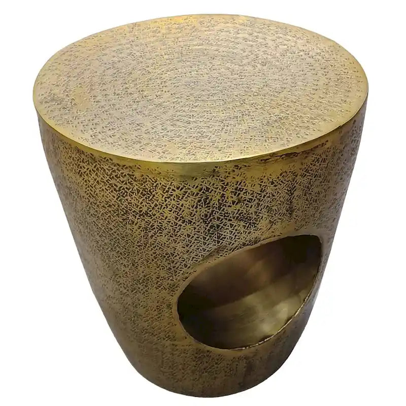 Table d'appoint de 17 pouces, forme de tambour conique avec centre creux unique, aluminium finition laiton antique