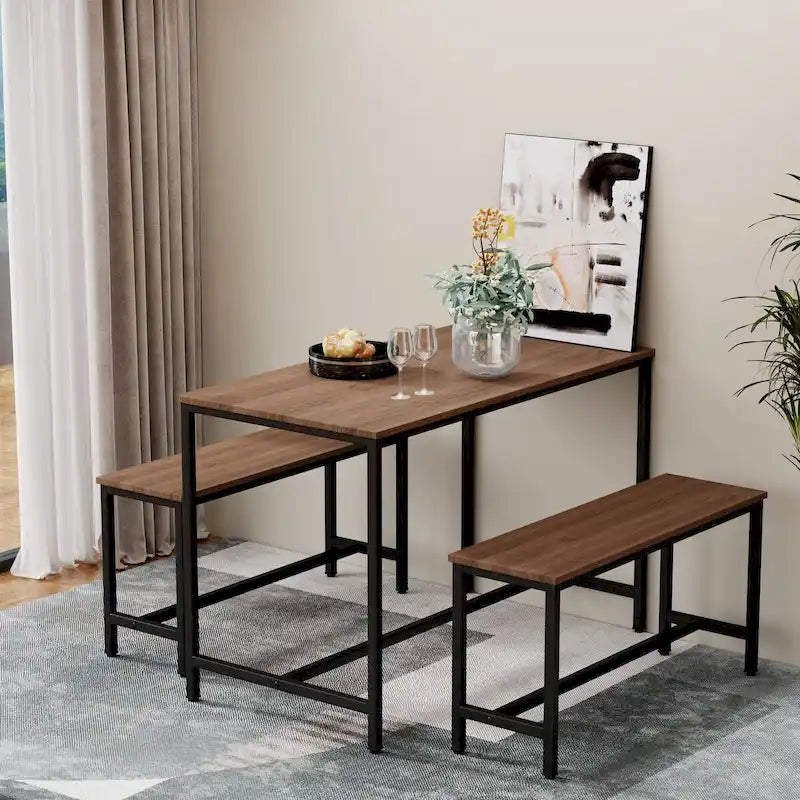 Ensemble table à manger pour 4, table de cuisine avec bancs, ensemble table de salle à manger rectangulaire avec 2 bancs en métal et bois, 3 pièces