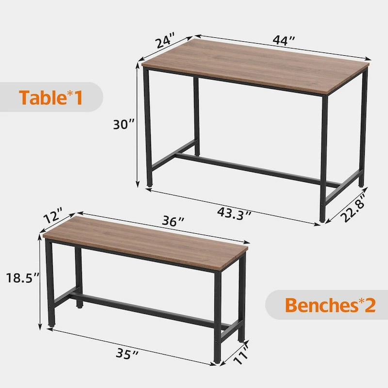 Ensemble table à manger pour 4, table de cuisine avec bancs, ensemble table de salle à manger rectangulaire avec 2 bancs en métal et bois, 3 pièces
