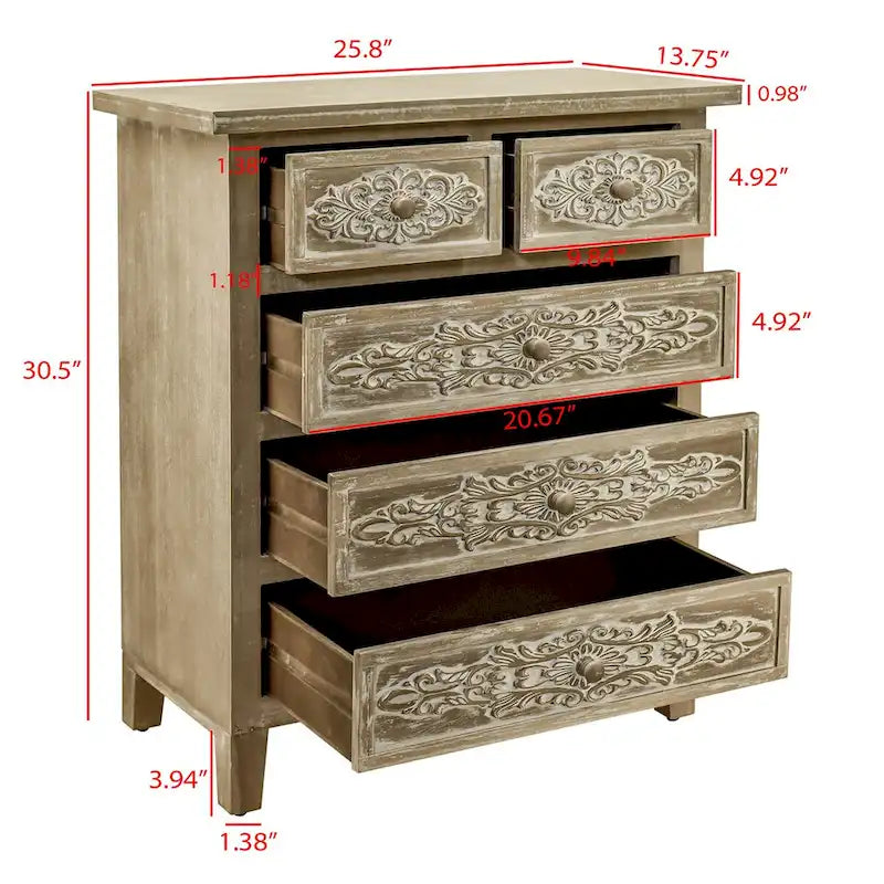 Meuble d'appoint sculpté à la main avec 5 tiroirs