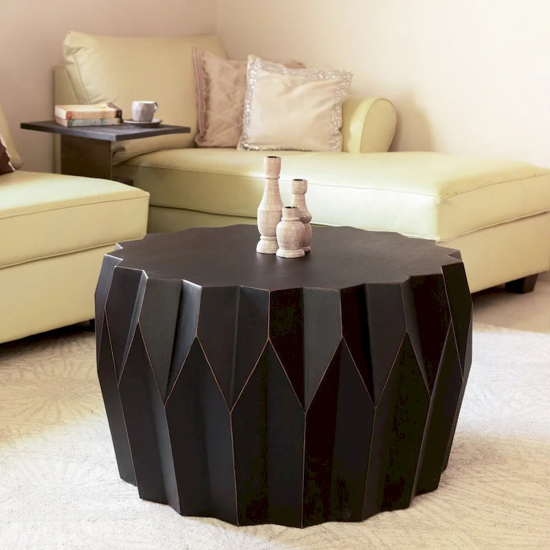 Table basse ronde en bois massif noir vieilli de 29 po