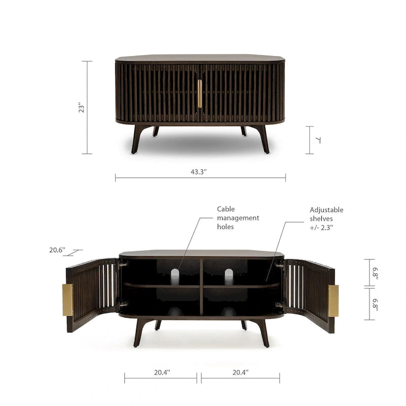 Meuble TV d'angle en bois avec accents du milieu du siècle