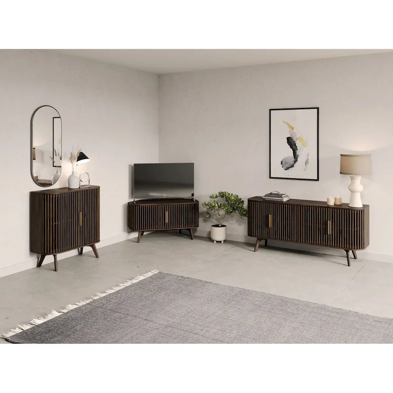 Meuble TV d'angle en bois avec accents du milieu du siècle