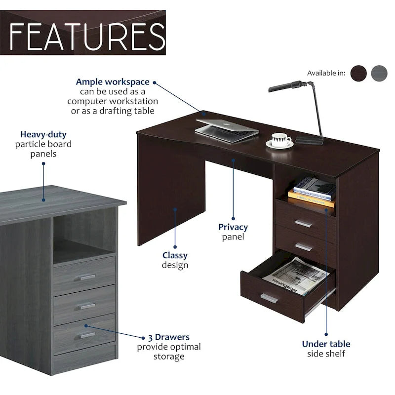 Bureau d'ordinateur classique à 3 tiroirs - Gris