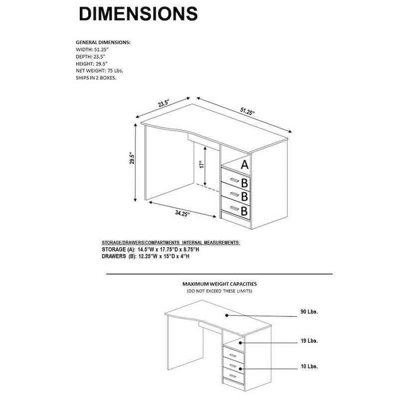 Bureau d'ordinateur classique à 3 tiroirs - Gris
