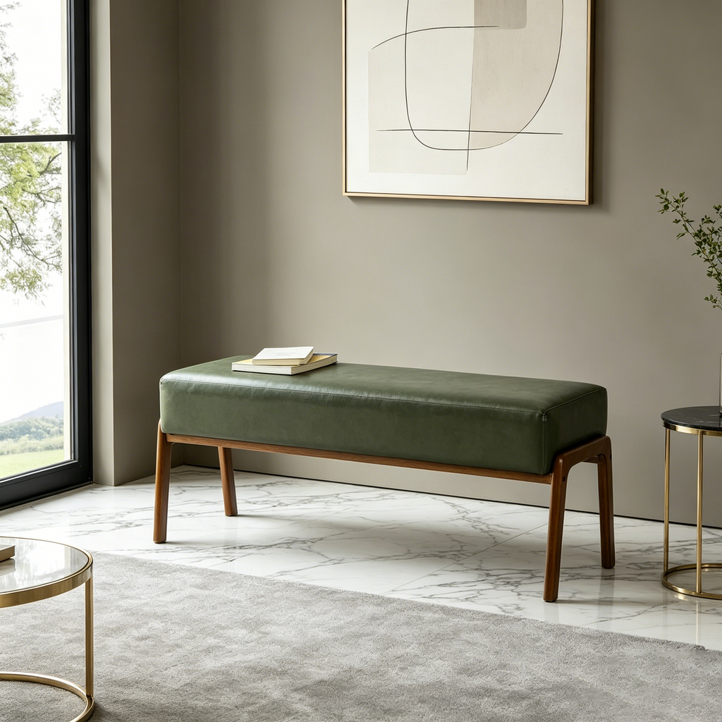 Banc moderne en similicuir de 42,25 po avec pieds en hévéa de couleur noyer