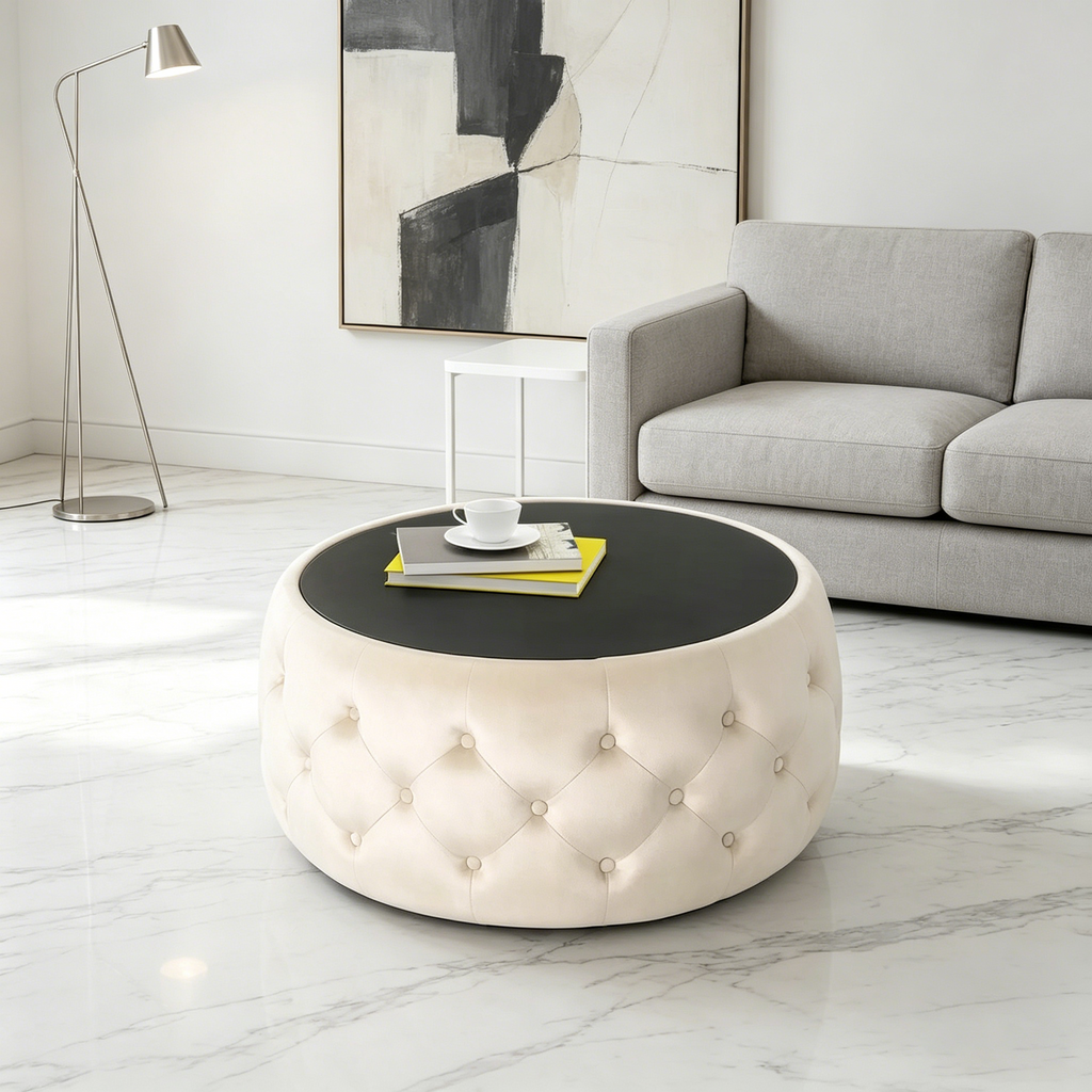 Table basse et tabouret en verre trempé et velours