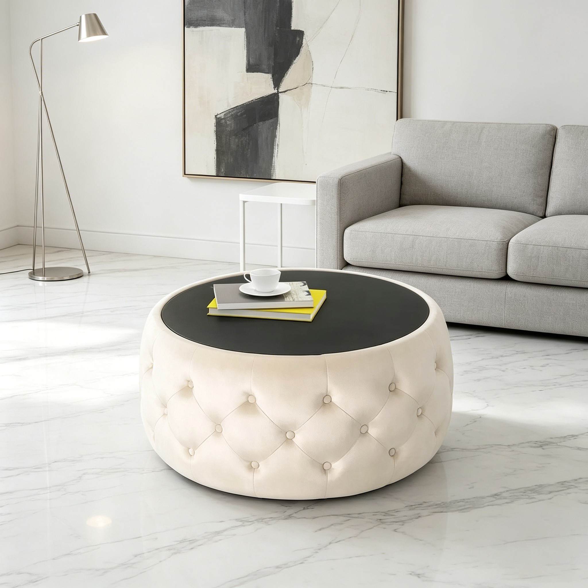 Table basse et tabouret en verre trempé et velours