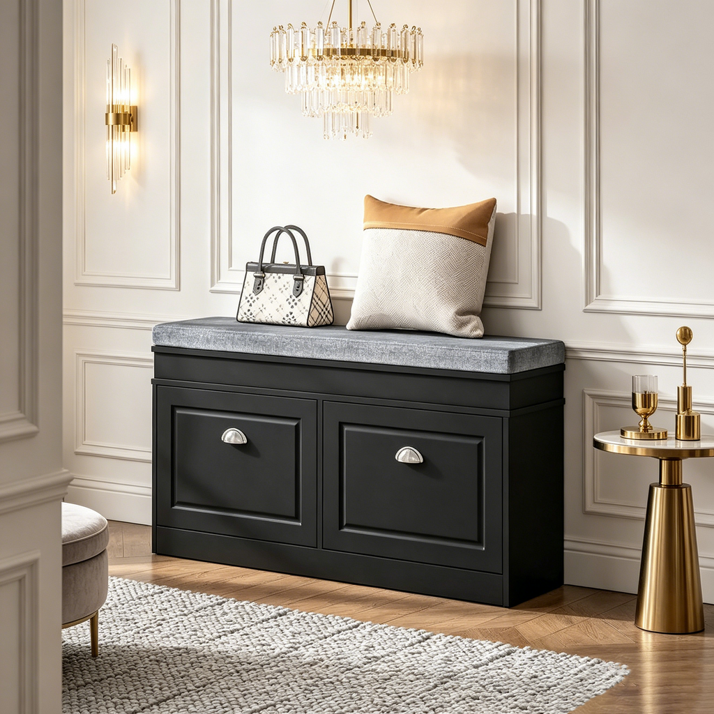 Banc porte-chaussures avec coussin, 2 tiroirs et étagère réglable