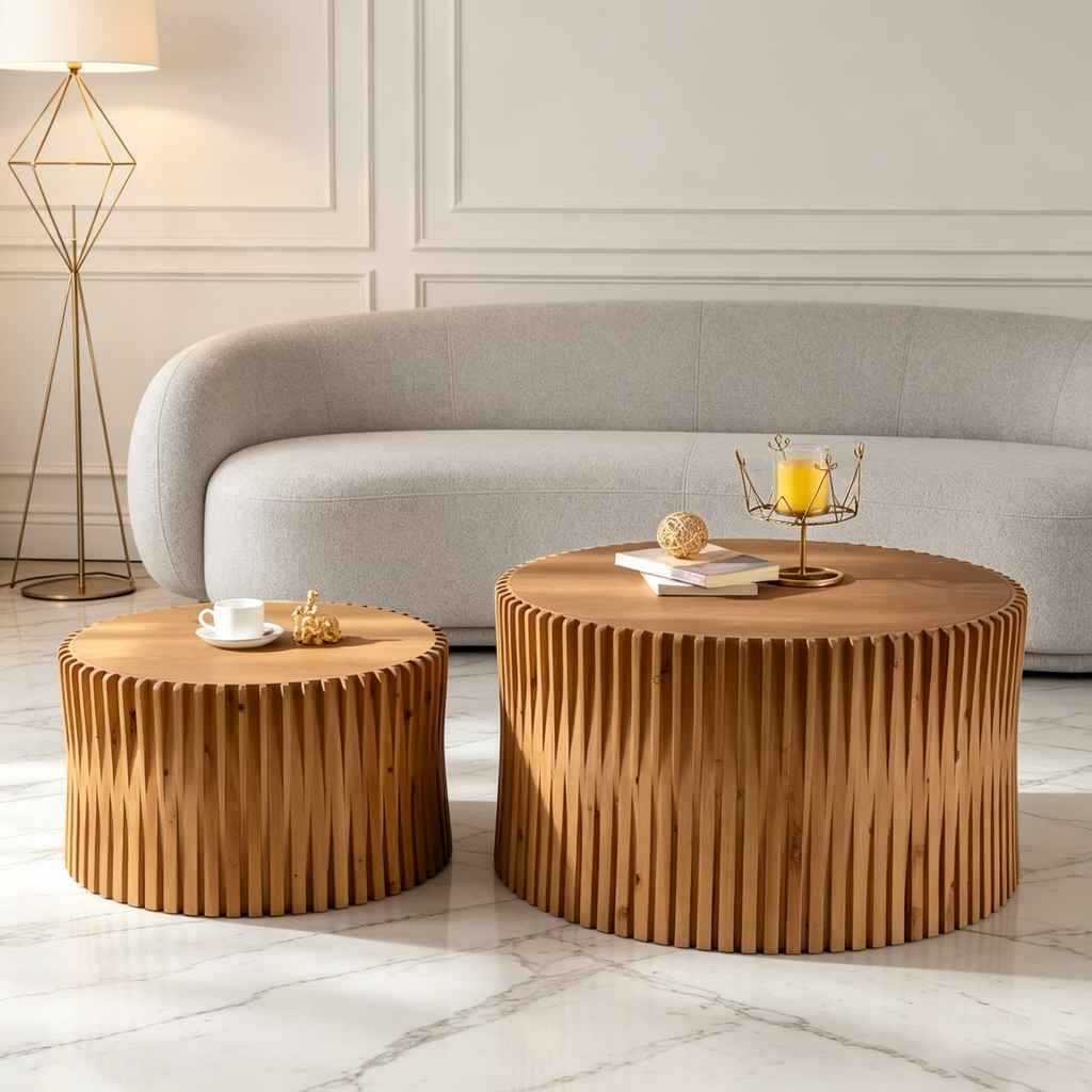 Tables basses cylindriques gigognes avec motif en relief texturé vertical (lot de 2)